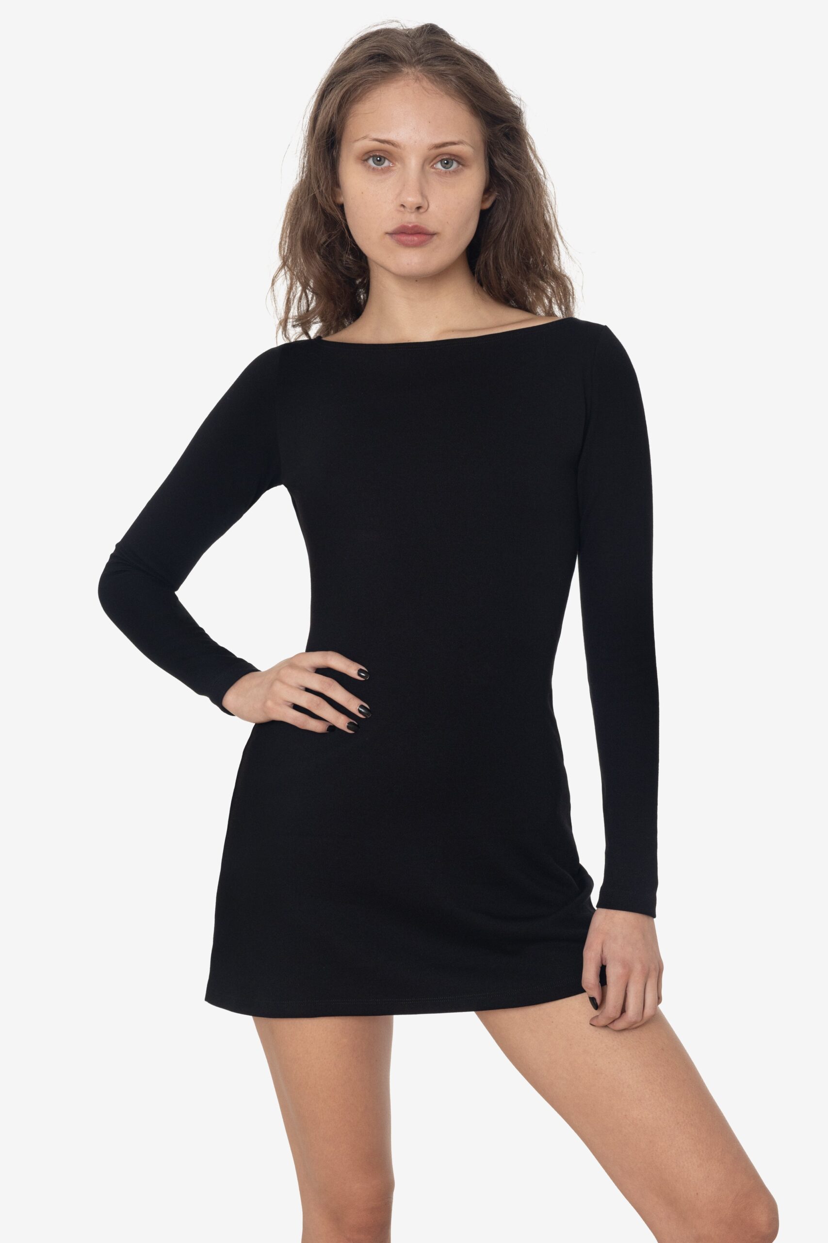 PON3644-BLACK1 Ponte Long Sleeve Boatneck Dress - Image 1