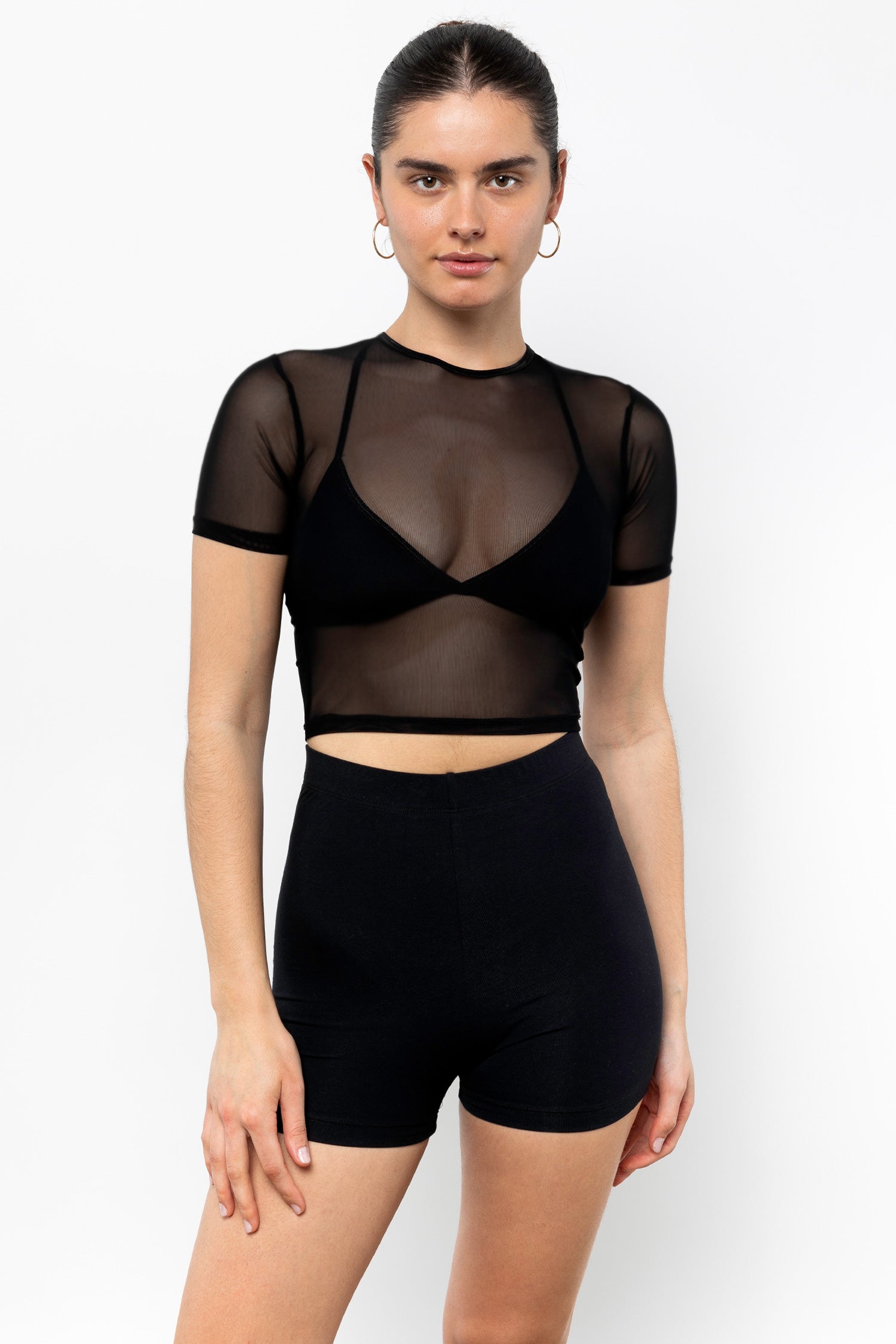 RNS078_Black1 Micromesh Short Sleeve Crop Top Tee Shirt - Image 1