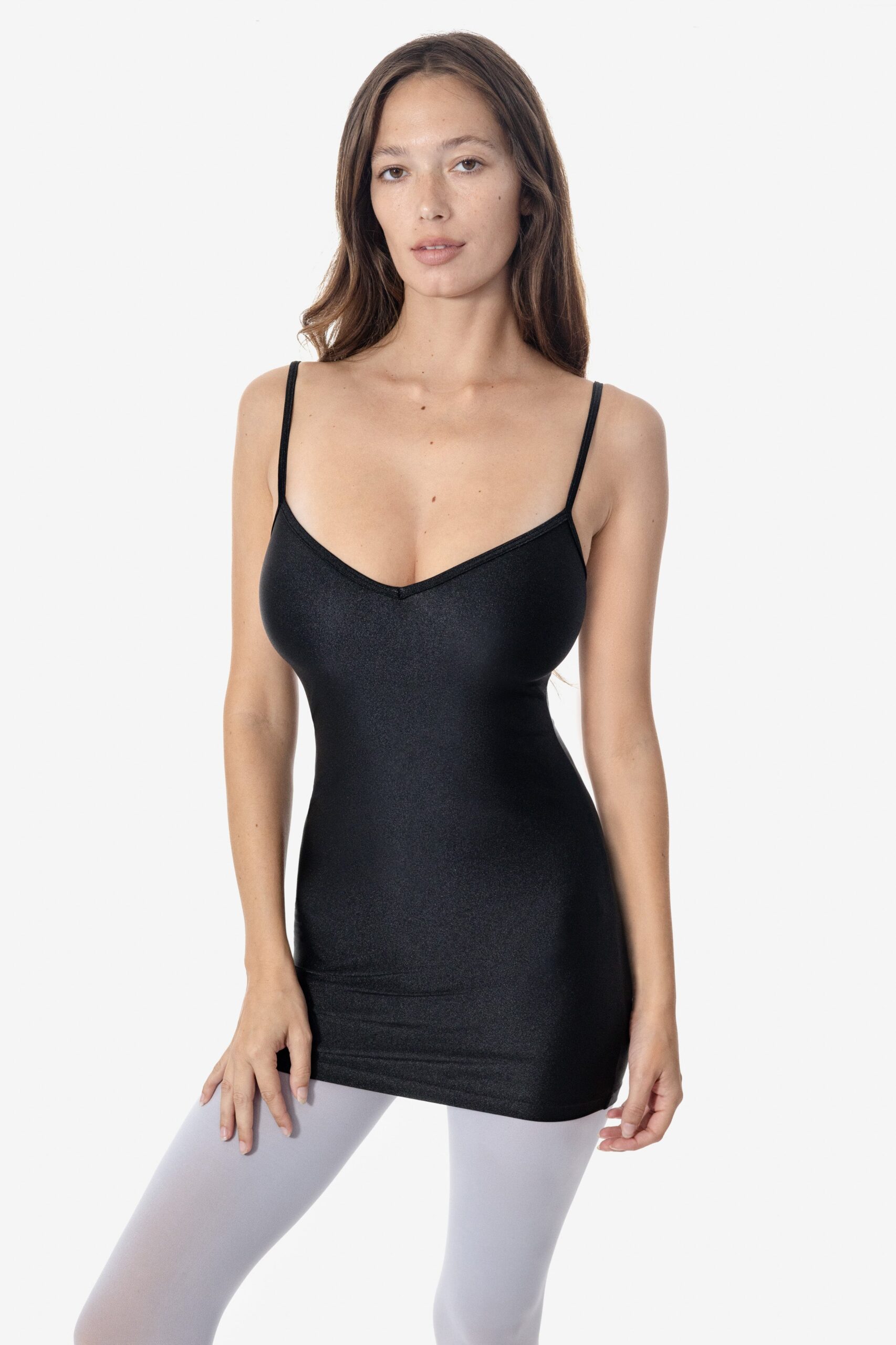 RNT3617-BLACK-f Nylon Tricot V-neck Spaghetti Dress - Image 1
