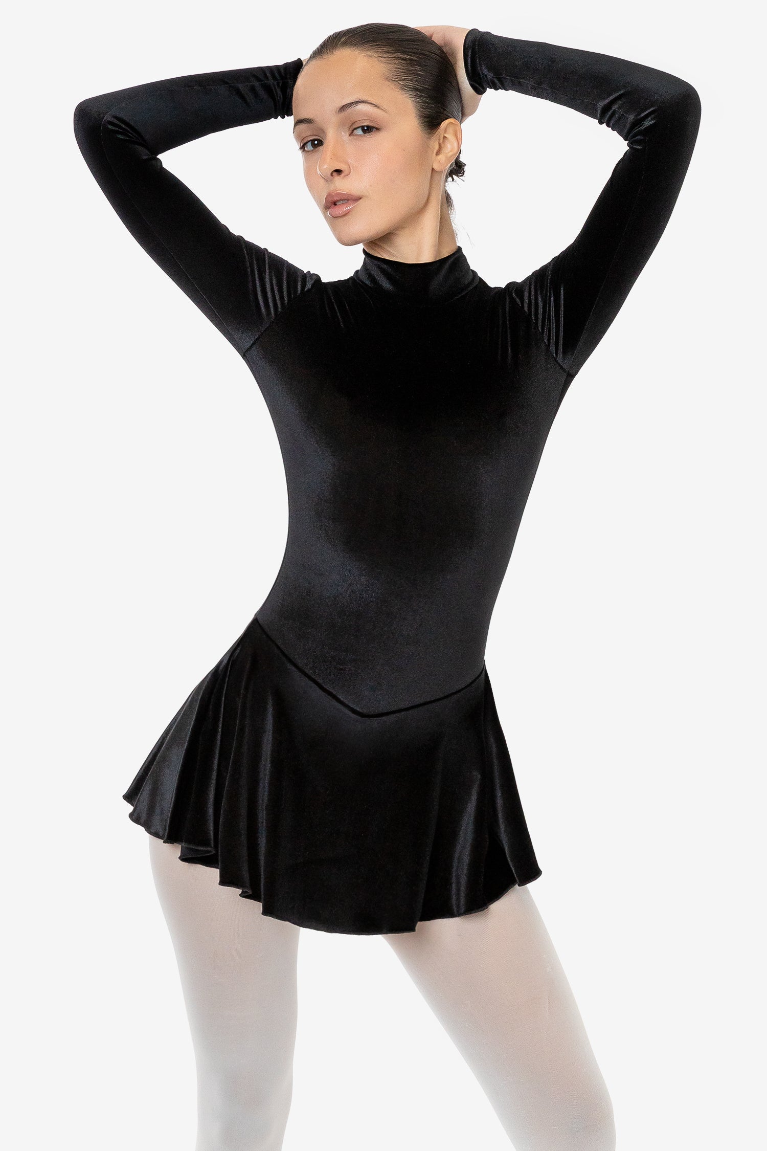 VVT410-BLACK1f Velvet Long Sleeve Mockneck Skirted Leotard - Image 1