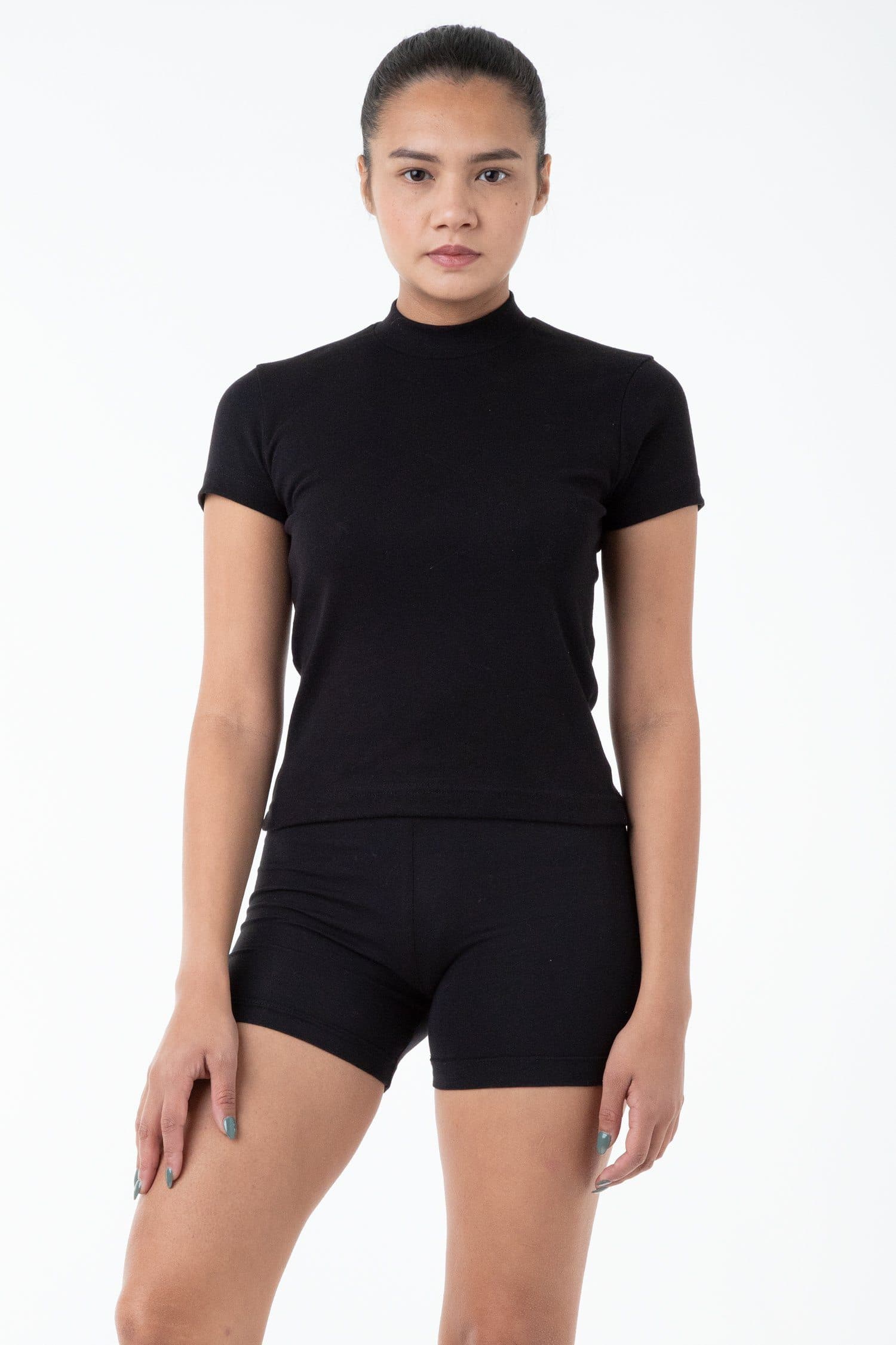 black_bikeshorts_1 Mockneck Cap Sleeve Baby Tee - Image 1