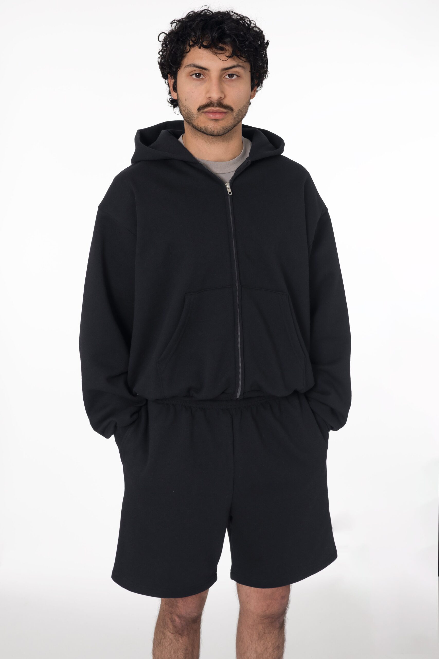 mwf02-black-12 Mid-weight Poly Cotton Fleece Waist Length Zip-Up Hoodie - Image 1
